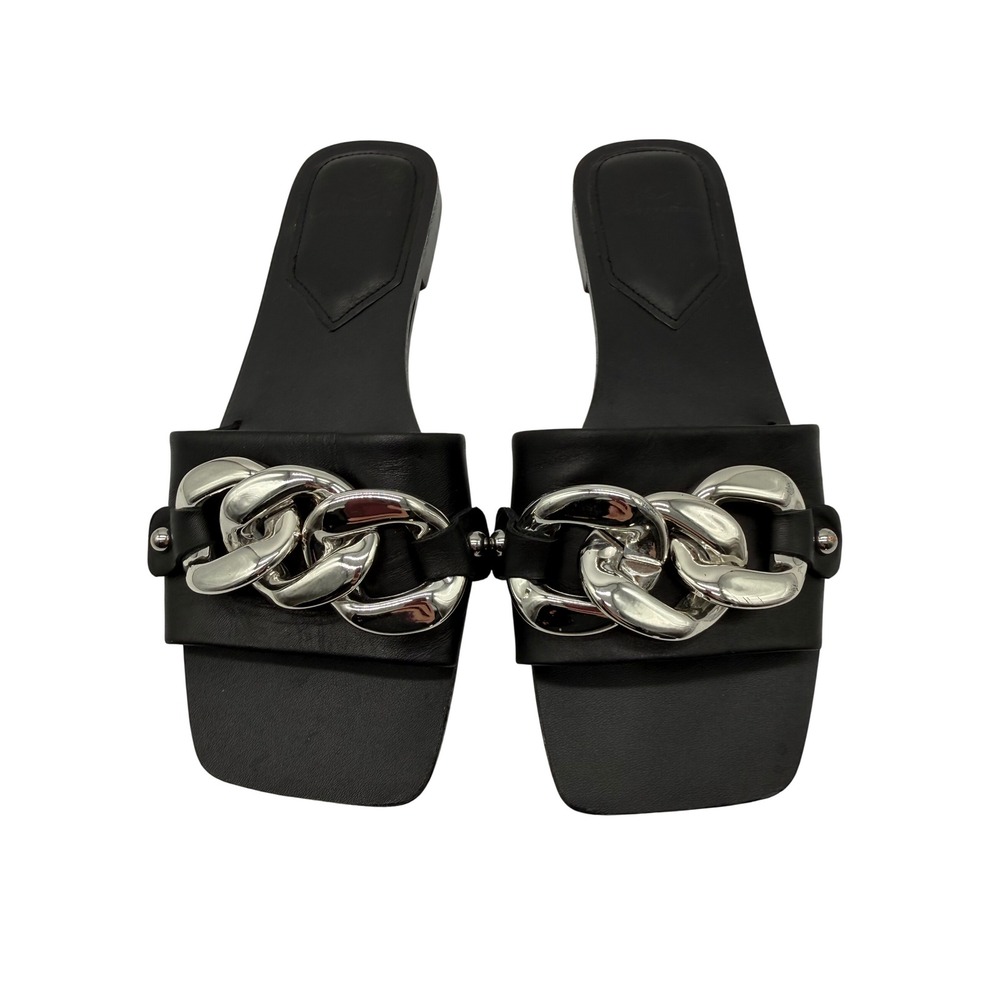 Marc Fisher Slide Sandals Womens 7.5 Black Silver Chain Square‎ Toe Flats